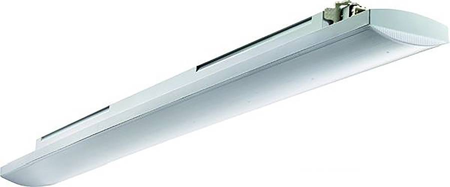 Eine lange weiße Leuchtstofflampe, horizontal an einem einfachen weißen Hintergrund montiert.