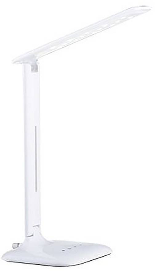 Weiße verstellbare LED-Schreibtischleuchte mit flacher rechteckiger Basis und schlankem vertikalem Schaft auf neutralem Hintergrund.
