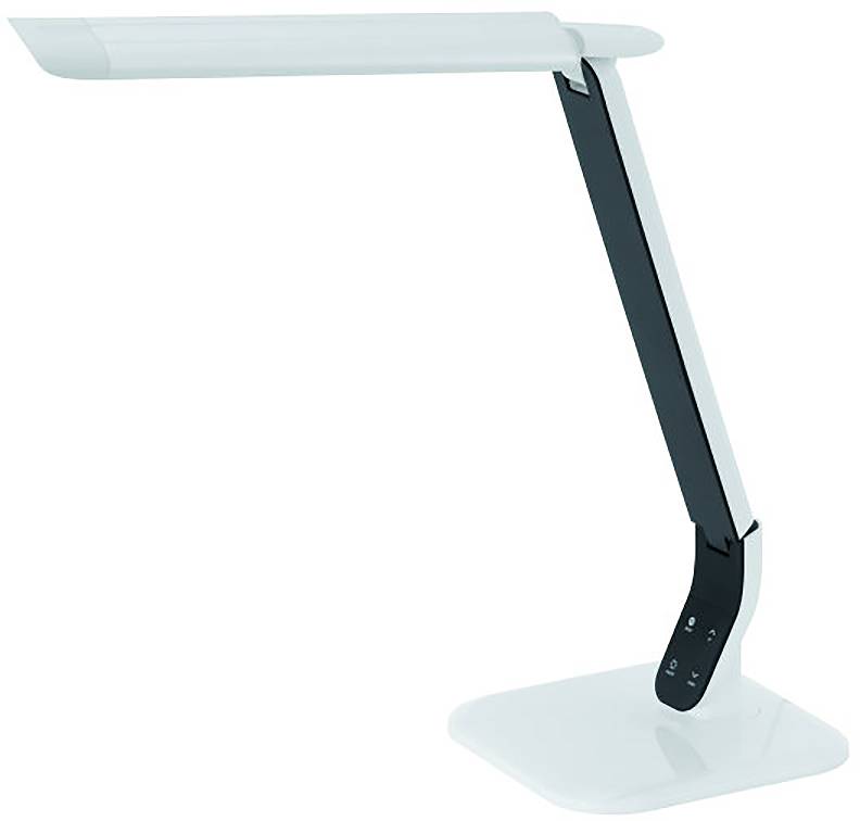 Moderne verstellbare Schreibtischlampe mit schmalem schwarzem Arm und mattierten Lichtpaneelen auf weißer Basis.