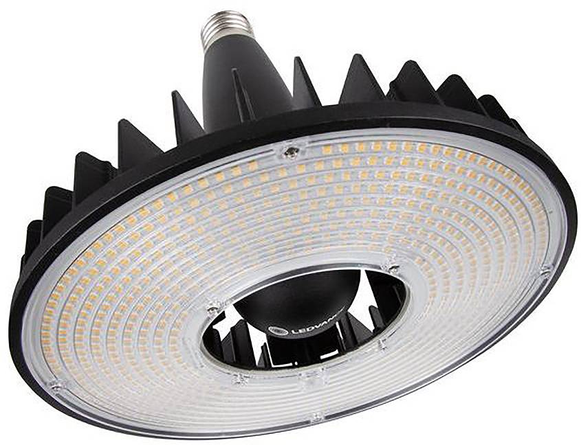 Rundes LED-Hallenleucht-Industriearmatur mit Kühlrippen und Schraubgewinde-Lampensockel, gezeigt auf weißem Hintergrund.