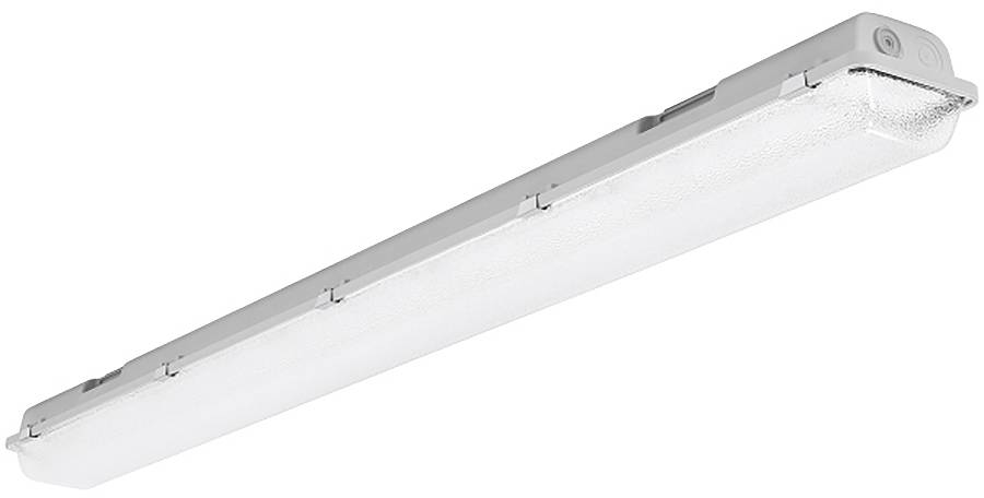 Lange rechteckige LED-Fluoreszenzstil-Deckenleuchte mit weißem Diffusor und grauem Gehäuse auf weißem Hintergrund