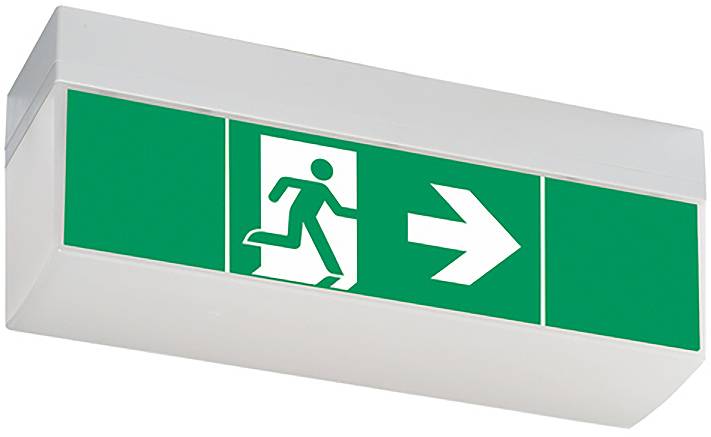 Beleuchtetes Notausgangsschild mit einem Symbol einer laufenden Person und einem nach rechts zeigenden Pfeil, der anzeigt, dass der Fluchtweg nach rechts führt.