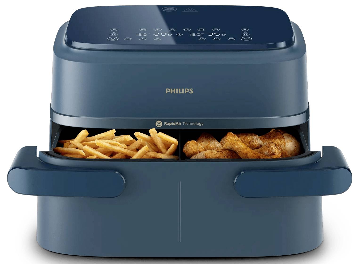 Blauer Philips Heißluftfritteusen mit zwei herausziehbaren Körben, einer mit Pommes und der andere mit panierten Hähnchenstücken.