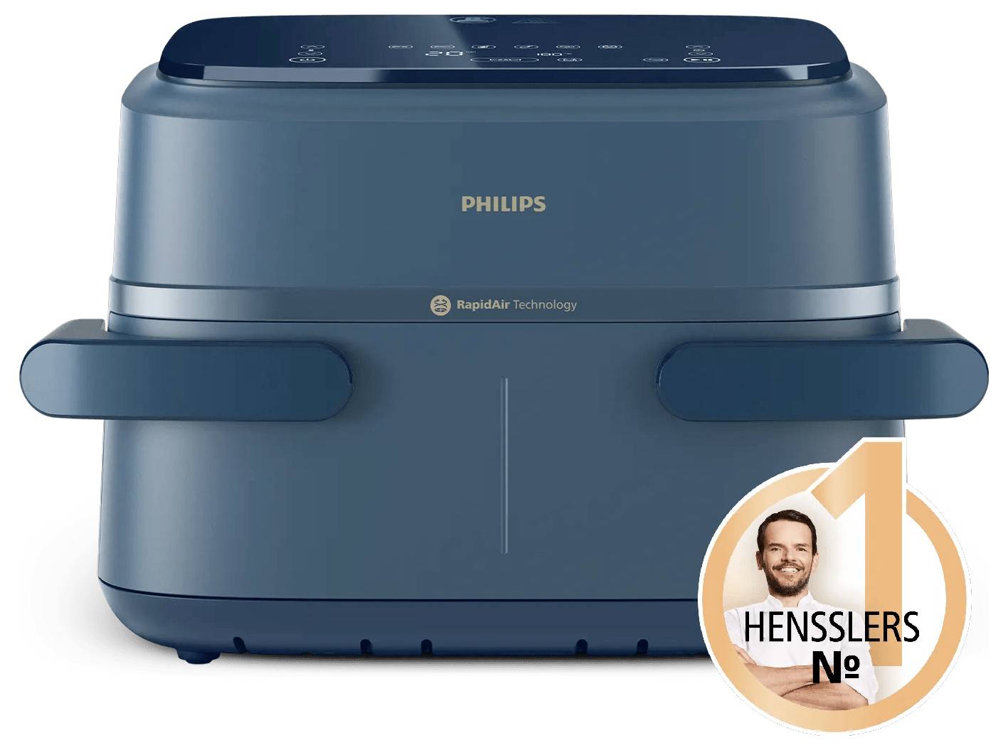 Blauer Philips-Heißluftfritteusen mit der Beschriftung „Rapid Air Technology