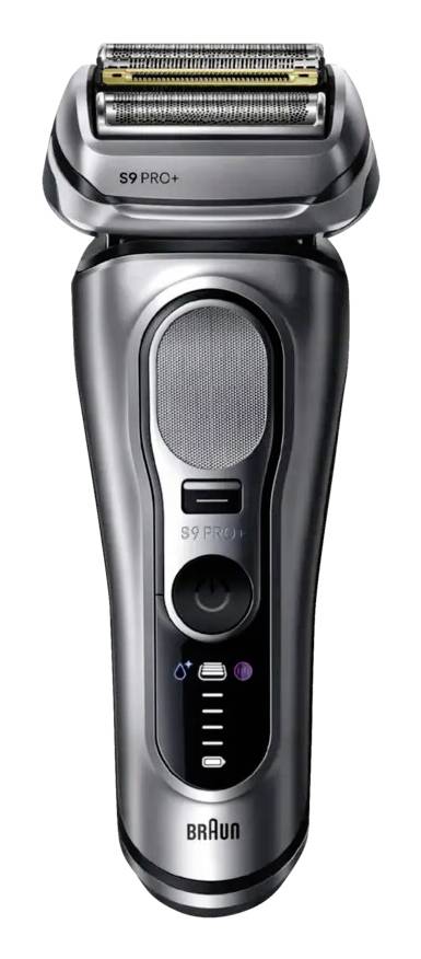 Schwarzer Braun S9 Pro+ Elektrorasierer mit Folienrasierköpfen und Stromschalter, von vorne auf weißem Hintergrund dargestellt.
