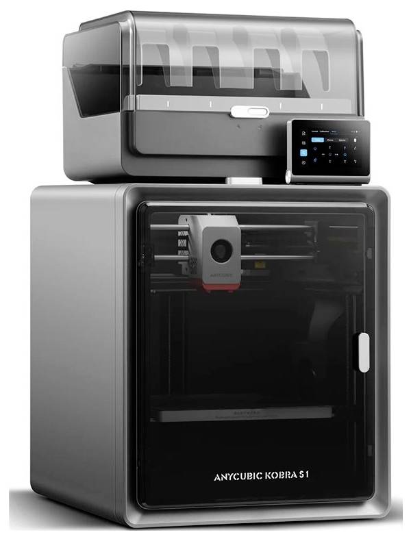 Ein kompakter 3D-Drucker mit oberer Filamenteinschließung, Touchscreen-Bedienfeld und Vordertür mit der Bezeichnung 