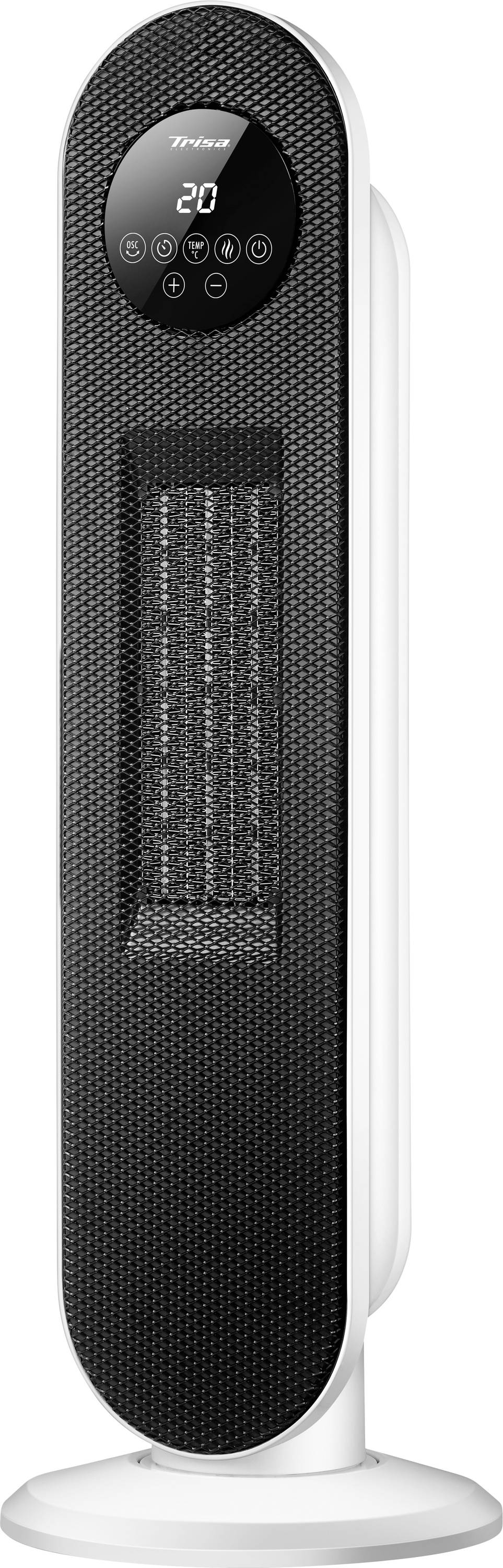 Schwarzer Turm-Raumheizer mit digitaler Anzeige und Steuertasten auf weißem Sockel, von vorne gezeigt.