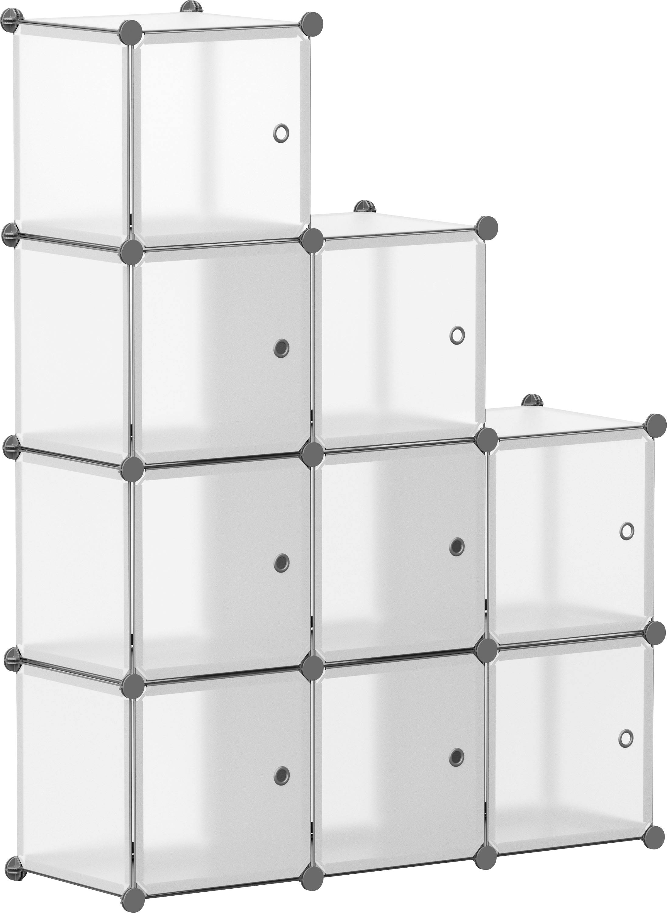Transparente modulare Würfel-Regale in einer gestuften 4-stöckigen Pyramidenanordnung auf weißem Hintergrund.