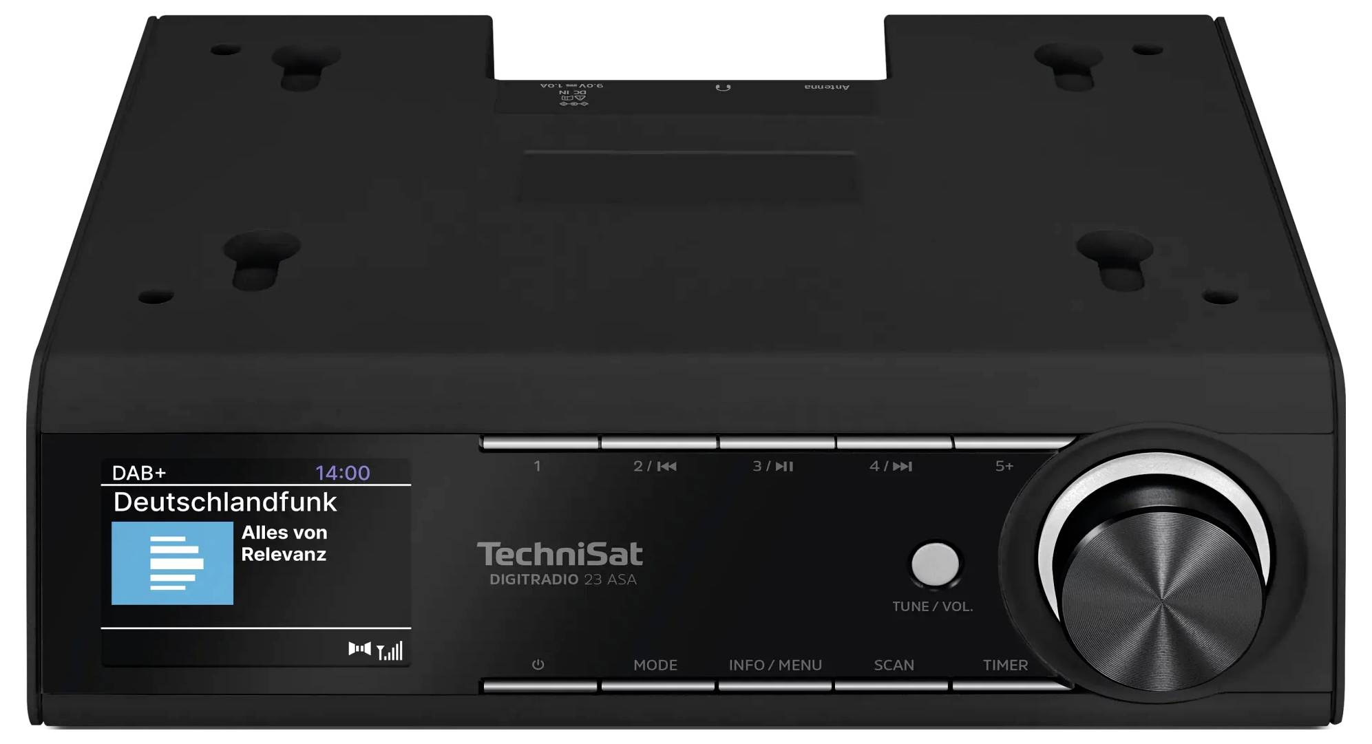 Vorderansicht eines schwarzen TechniSat Digitalradio-Tuners mit Farbdisplay, das 'Deutschlandfunk' anzeigt, und einem großen Lautstärke-/Abstimmregler auf der rechten Seite.