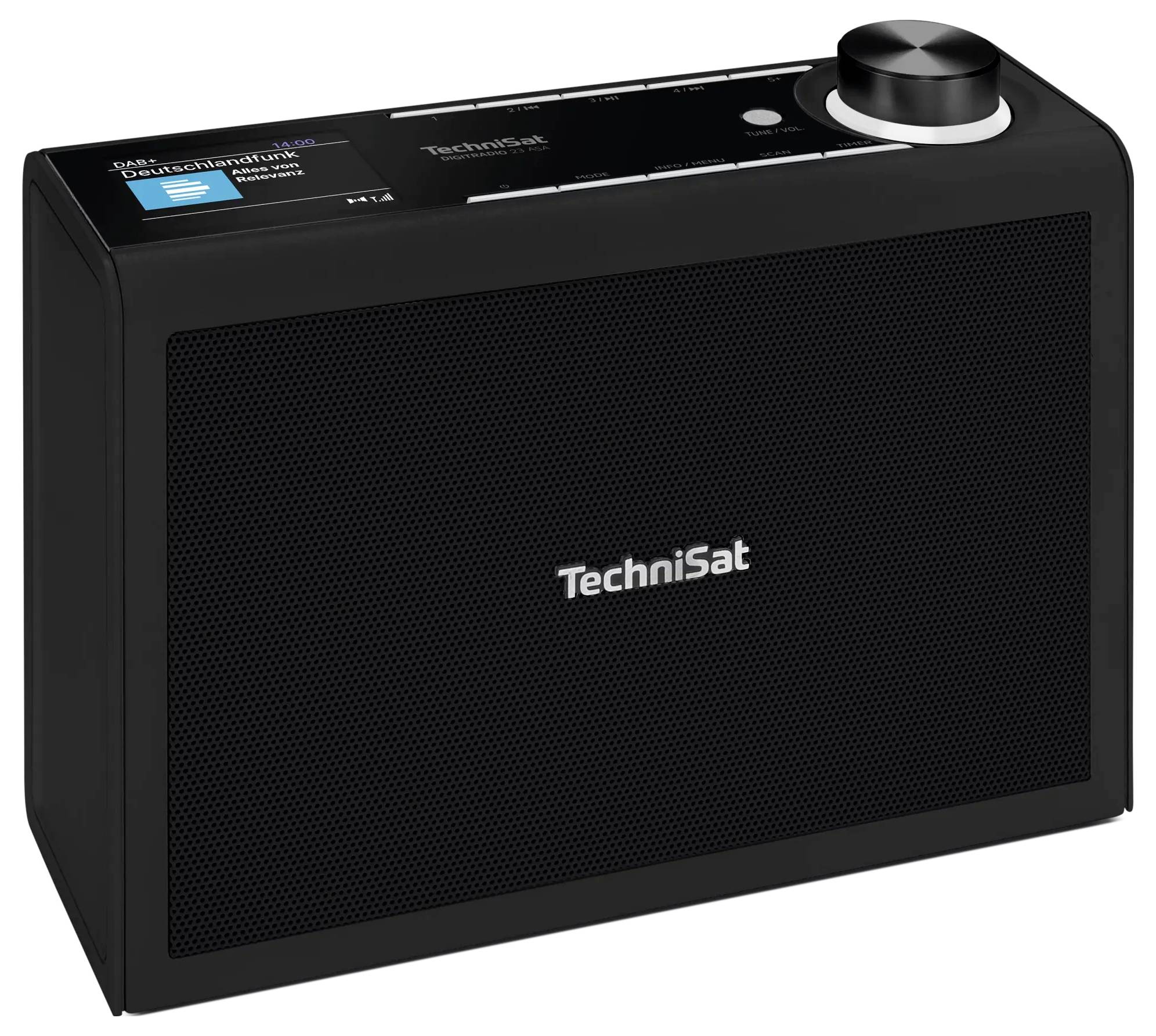 Schwarzer TechniSat Tisch-Radioaktiv mit Frontgitter, Display und großem Lautstärkeregler oben.