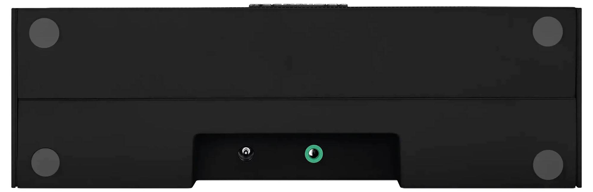 Schwarzes rechteckiges elektronisches Gerät mit Frontplatte, vier Kreisen in den Ecken und einem zentralen Statusleuchten-/Schaltflächenbereich in der unteren Mitte.