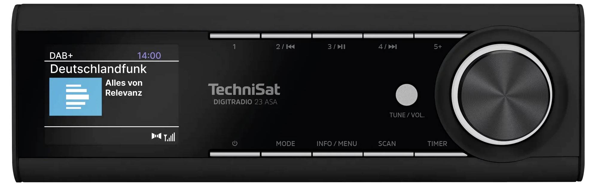 Schwarzer TechniSat DAB+ Digitalradioempfänger mit Display, großem Lautstärke-/Abstimmregler und vorderen Tasten.