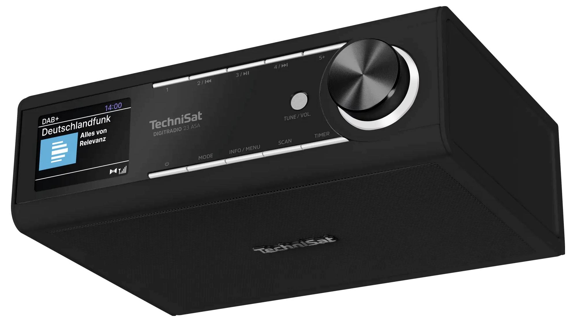 Schwarzes Technisat DAB-Radio mit digitalem Display, das Deutschlandfunk anzeigt, und großem Lautstärkeregler auf der rechten Seite.