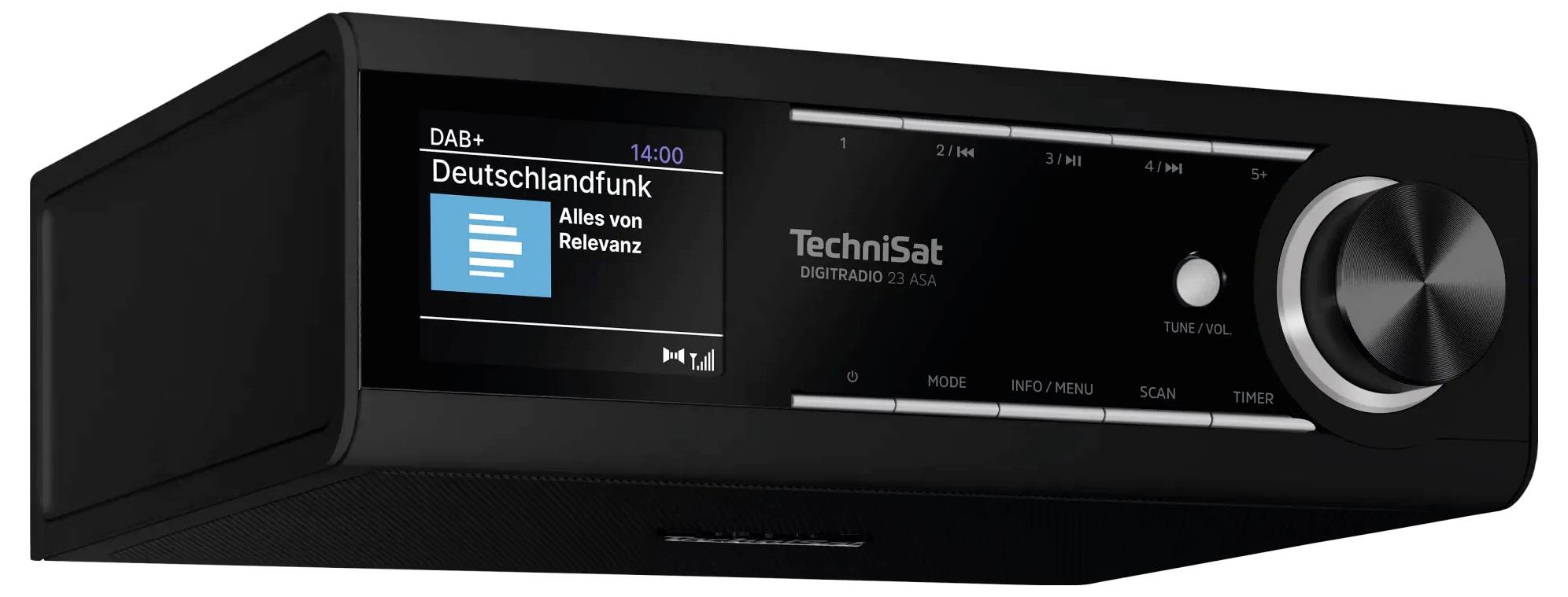 Schwarzes Technisat-Digitalradio mit Display, das DAB+ 'Deutschlandfunk' und 'Alles von Relevanz' zeigt, sowie großem Lautstärkeregler.