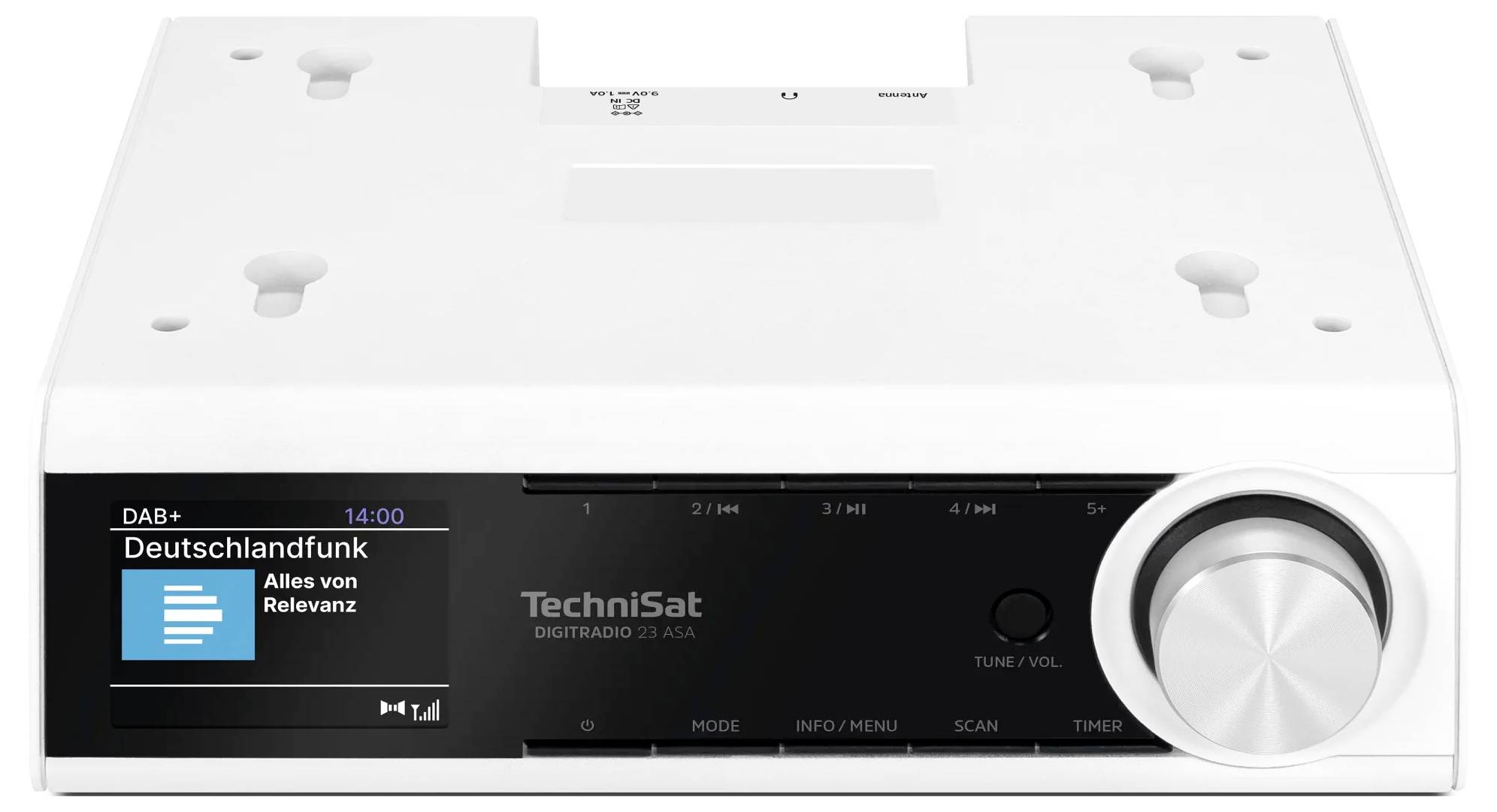 Weißes TechniSat DAB+ Digitalradio mit schwarzem Display, das 