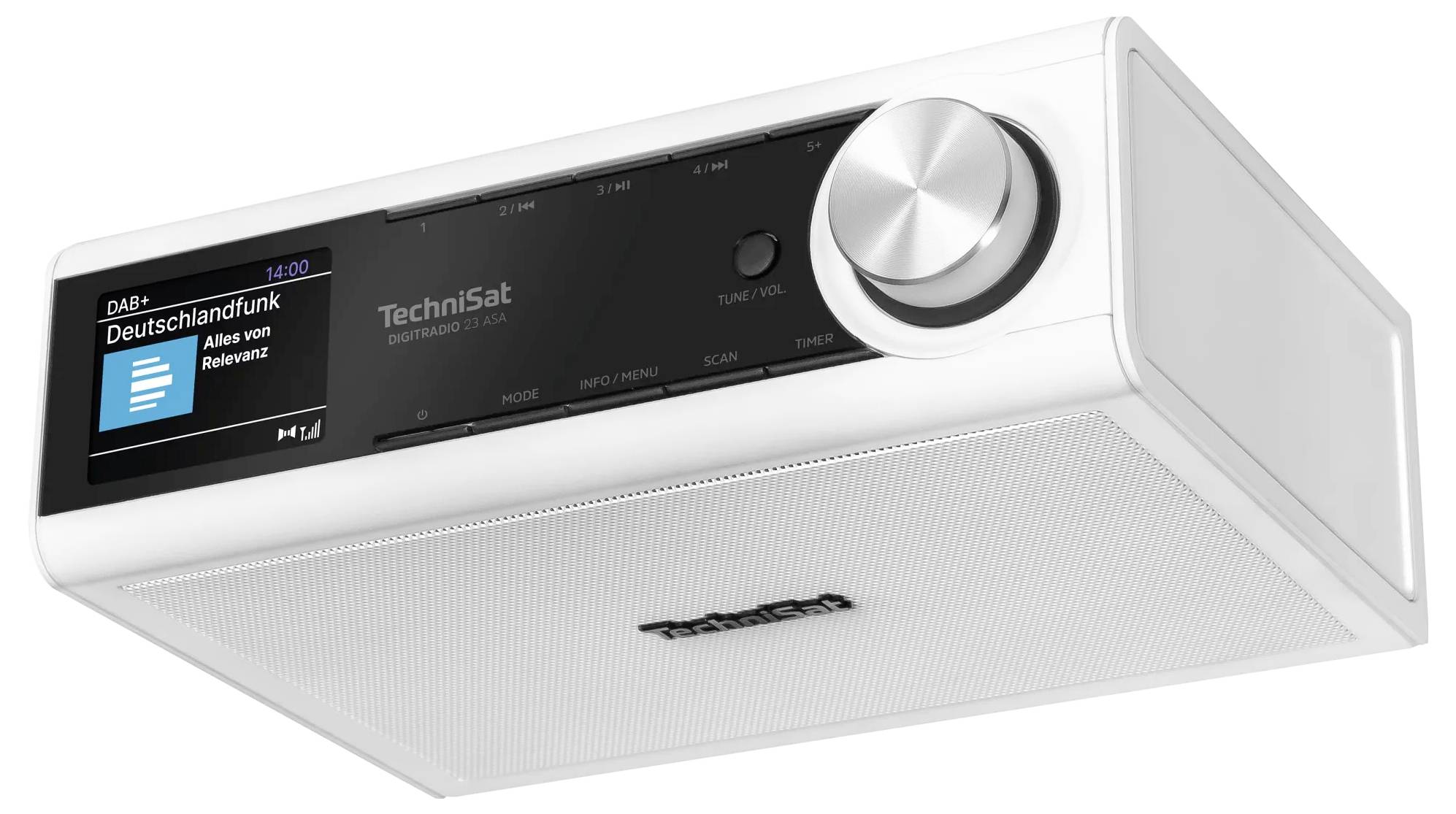 Weißes TechniSat-Tischradio mit digitalem Display, das „Deutschlandfunk