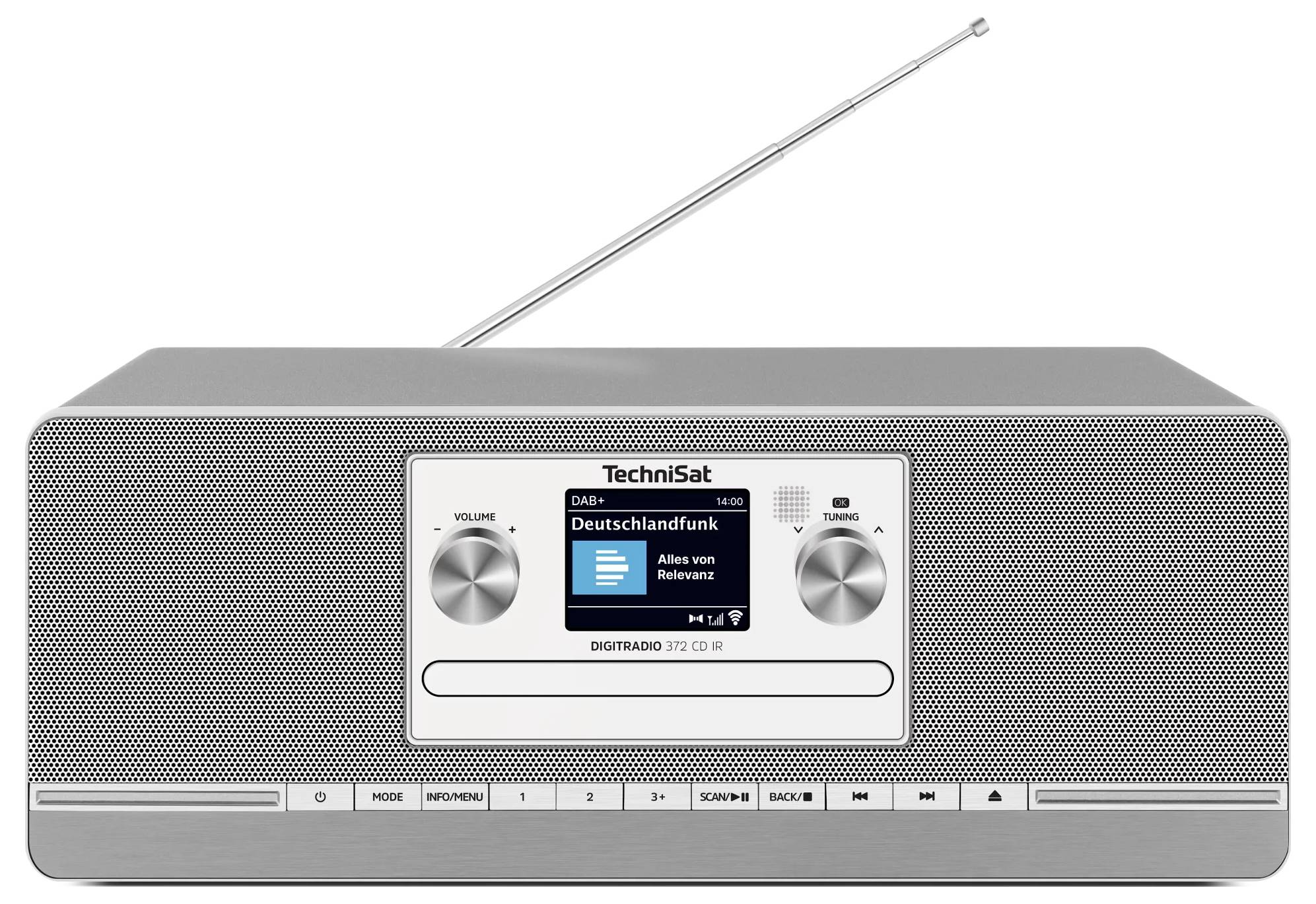 Silbernes TechniSat Digitalradio mit Antenne, vorderer Lautsprechergitter, zentrales Display zeigt 