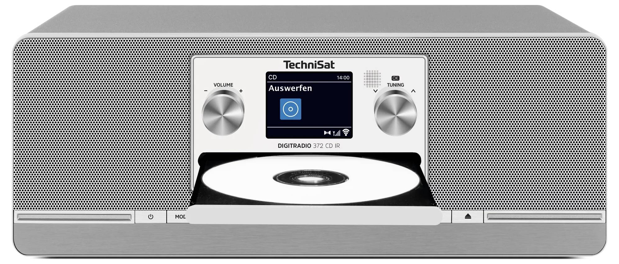 Frontansicht eines silbernen TechniSat Digital-Radio-/CD-Players mit zwei Lautsprechern, zentralem Display, Lautstärke- und Abstimmreglern sowie einem offenen Disc-Tablett, das eine CD hält.