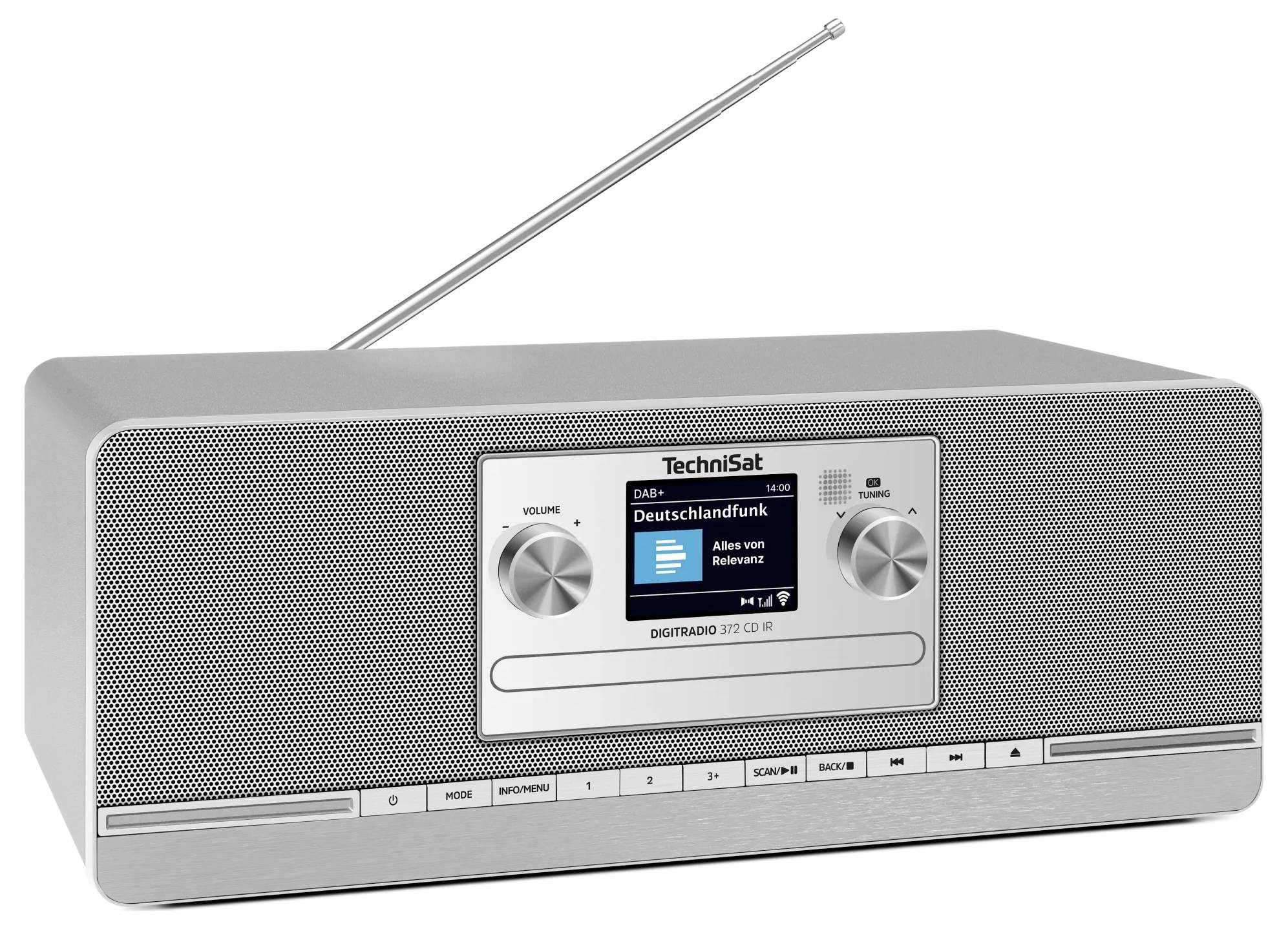 Silbernes TechniSat Radio mit Antenne, vorderer Lautsprechergitter, zentrales Display zeigt 'Deutschlandfunk' und zwei Bedienknöpfe.