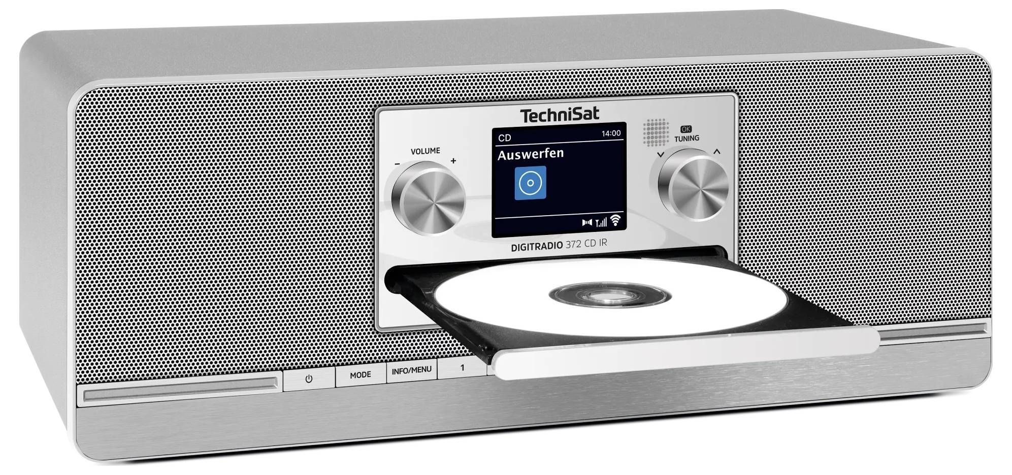 Silbernes TechniSat Digital-Radio mit offener CD-Schublade an der Vorderseite, die eine Disc zeigt, und Reglern auf beiden Seiten des Displays.