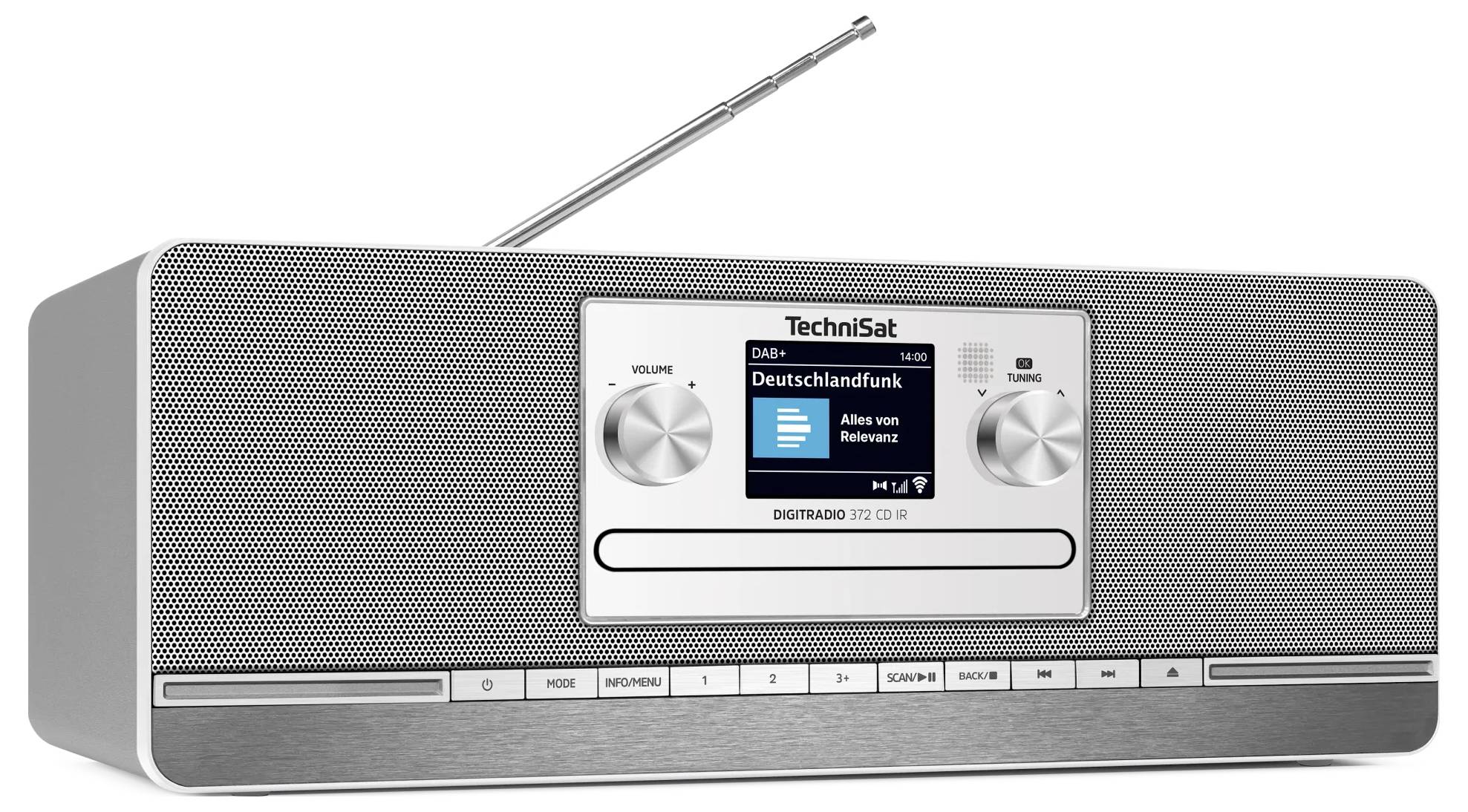 Silber Technisat Digitalradio mit verlängerter Antenne, Frontdisplay, zwei Drehknöpfen und Preset-Tasten.