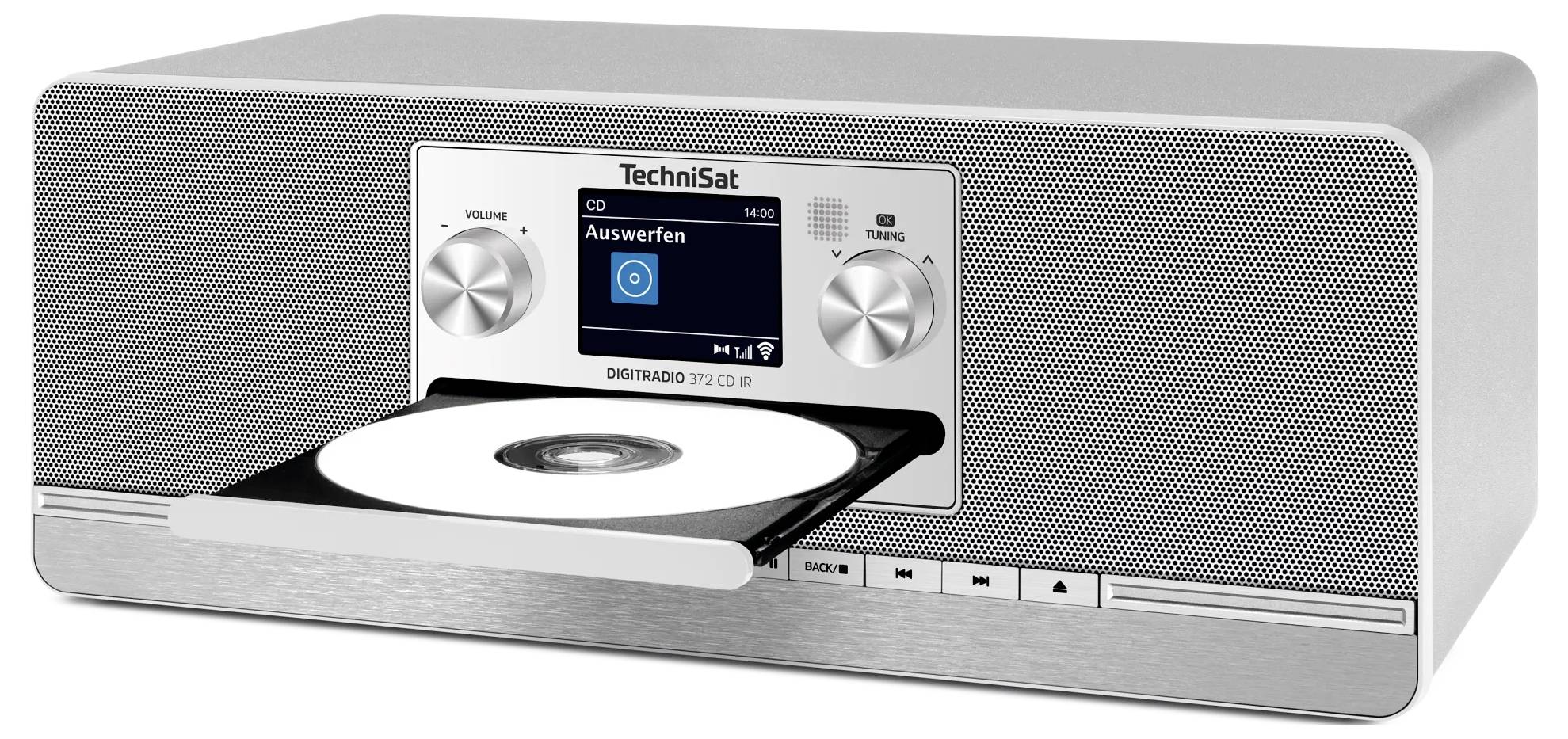 Silbernes TechniSat Digitalradio mit offener CD-Schublade an der Vorderseite und eingelegter CD, zeigt Display, Lautstärke- und Abstimmungsregler sowie Wiedergabesteuerung.