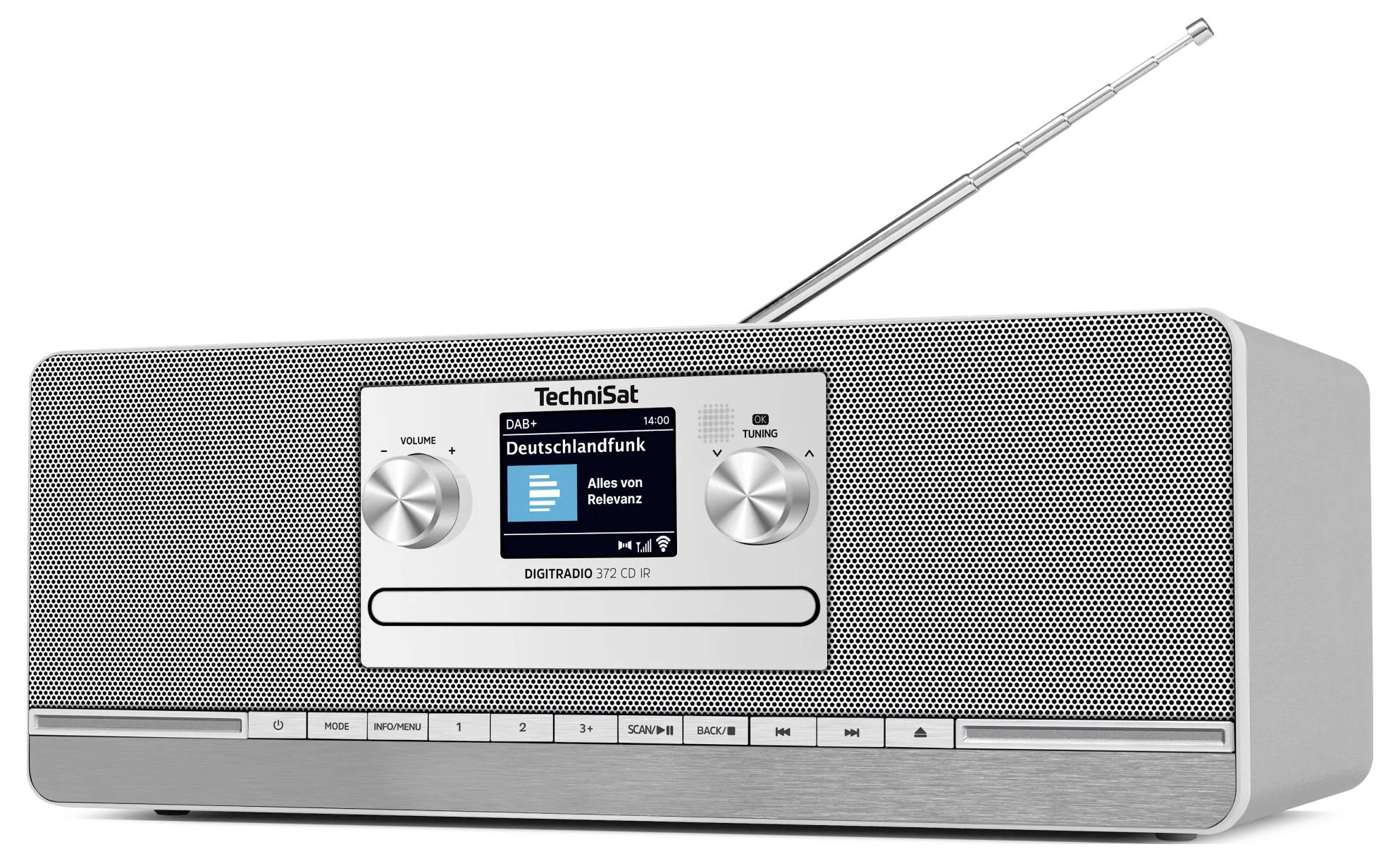 Silbernes Technisat Digitalradio mit Antenne, vorderer Lautsprechergitter, Display zeigt „Deutschlandfunk