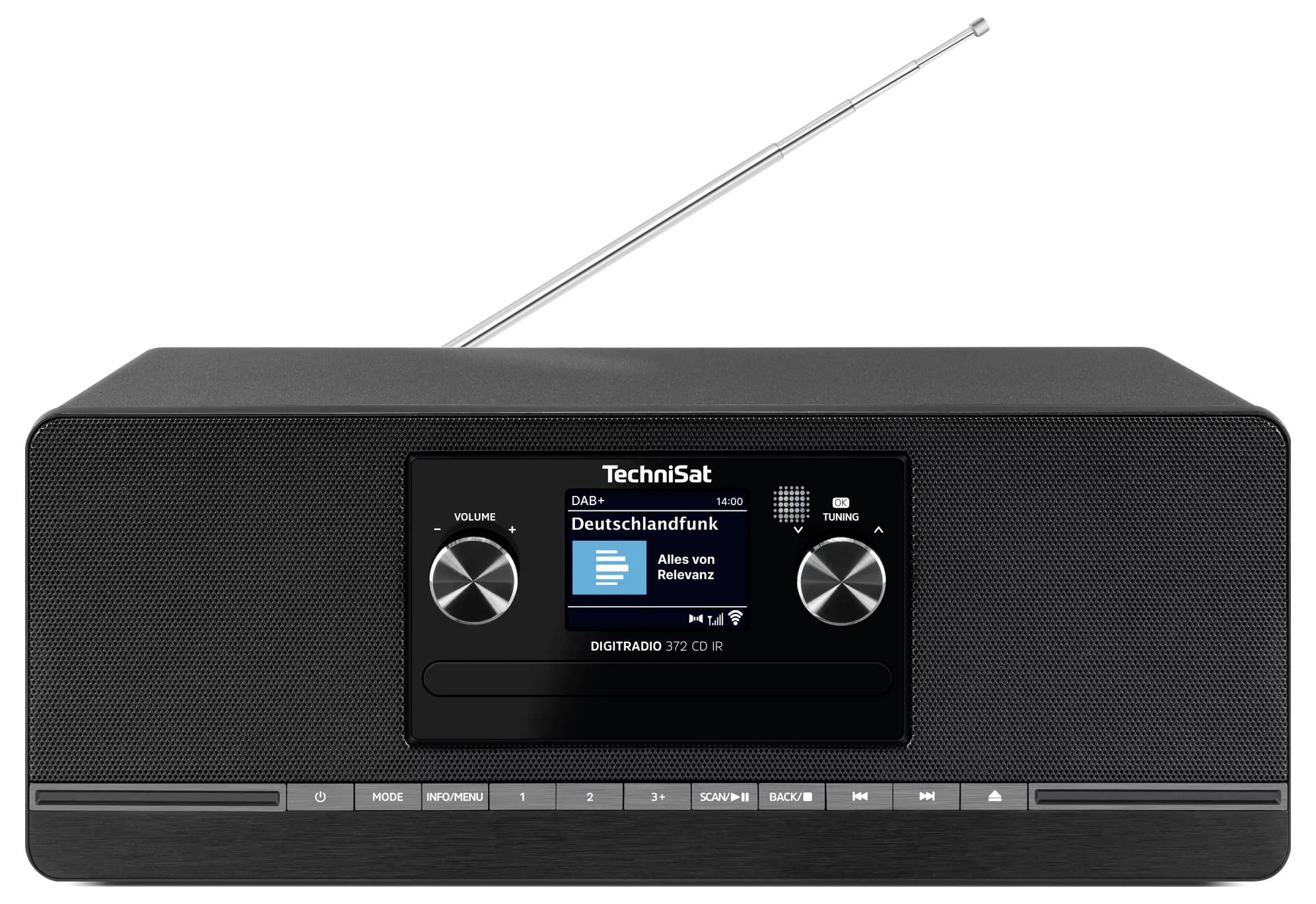Schwarzes TechniSat Digitalradio mit ausfahrbarer Antenne, Frontdisplay zeigt „Deutschlandfunk
