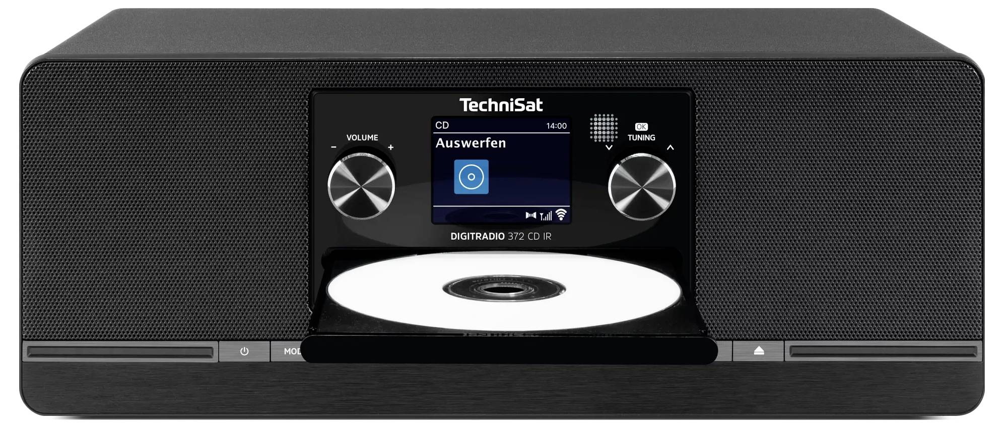 Frontansicht eines schwarzen TechniSat Digital-CD-Radios mit Display, zwei Bedienknöpfen und einer eingelegten Disc auf dem offenen Fach.