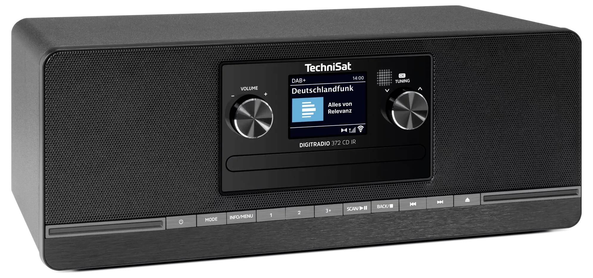 Schwarzes Technisat-Digitalradio mit zwei silbernen Drehknöpfen, kleinem Farbdisplay mit der Anzeige „Deutschlandfunk