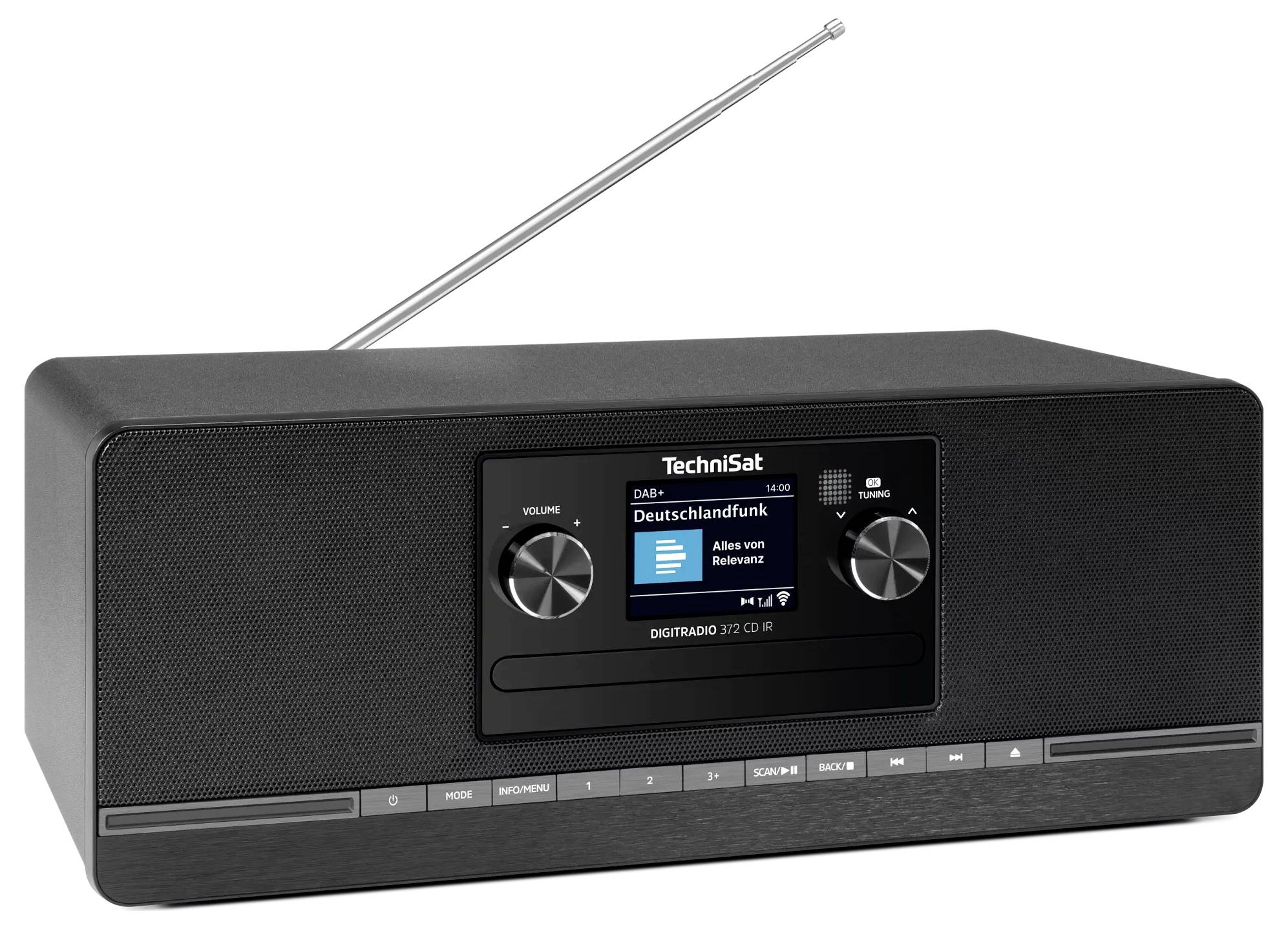 Schwarzes TechniSat Tischradio mit ausziehbarer Antenne, zentralem Display und Abstimm- und Lautstärkereglern auf weißem Hintergrund.