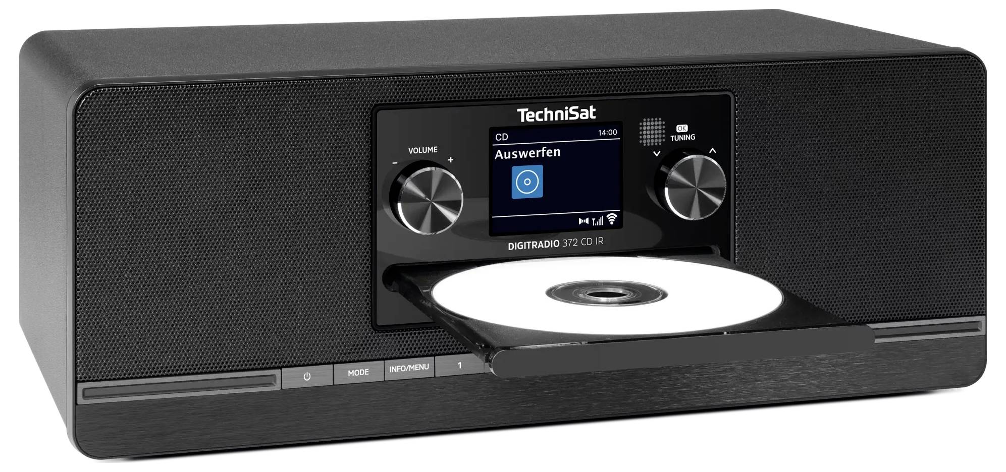 Schwarzes TechniSat CD-Radiosprechersystem mit Frontdisplay und Bedienungsknöpfen, das eine teilweise aus dem CD-Schlitz ausgefahrene Disc zeigt.