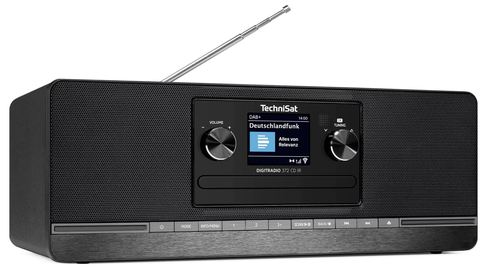Schwarzes TechniSat Digitalradio mit ausziehbarer Antenne, Frontdisplay zeigt DAB+ „Deutschlandfunk