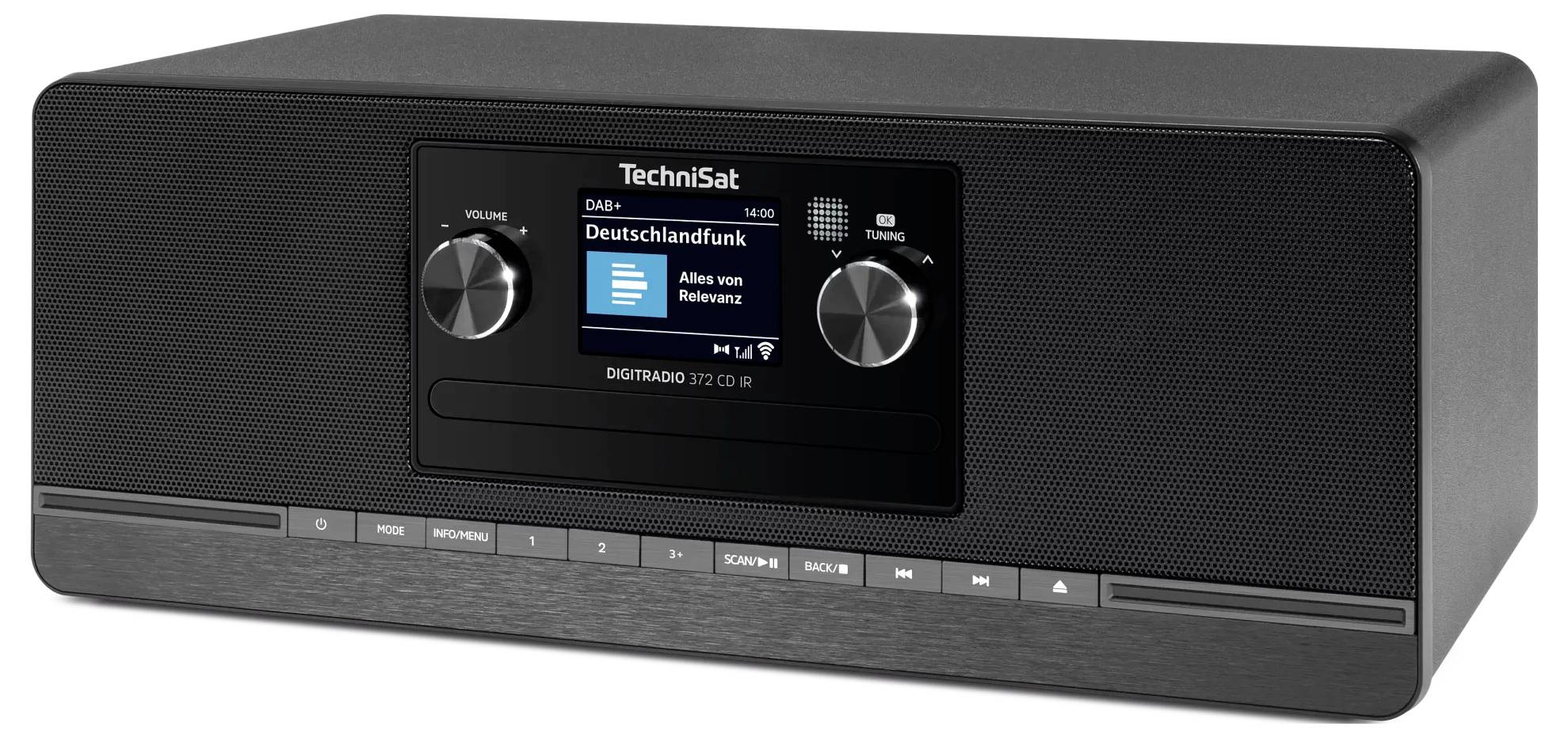 Schwarzes TechniSat Tischradio mit digitaler Anzeige, zwei Drehknöpfen, Lautsprechergittern und Voreinstellungstasten