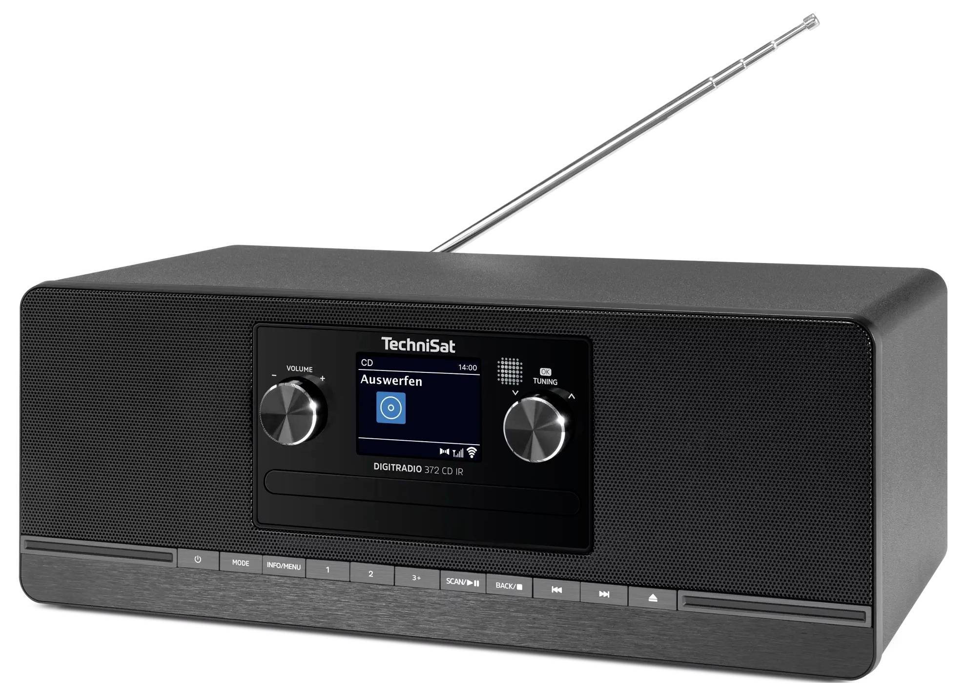 Schwarzes Technisat Digitalradio mit Display, Antenne und Bedienknöpfen auf weißem Hintergrund.