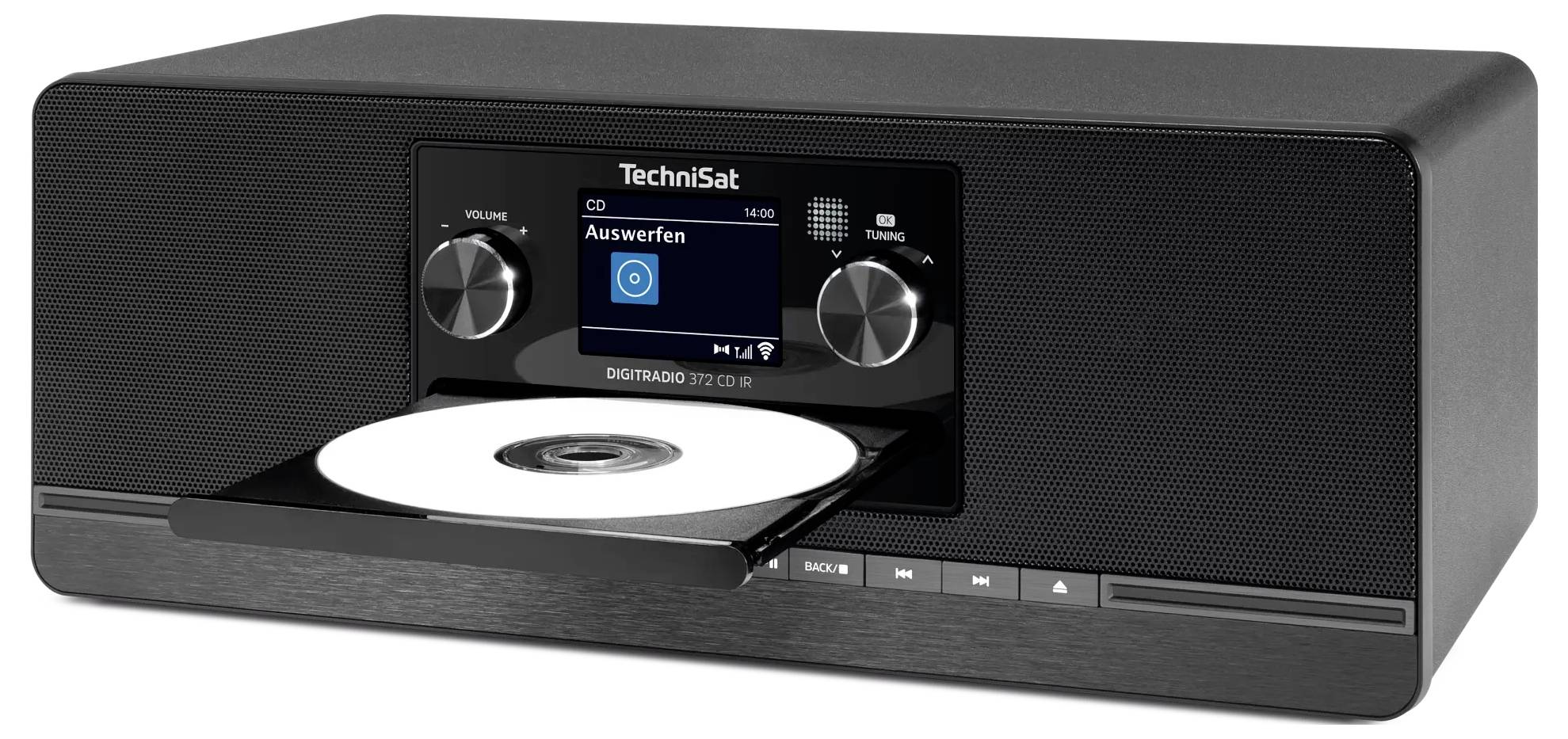 Schwarzes TechniSat CD-Radio mit Display und zwei Drehknöpfen, wobei eine Disc teilweise aus dem vorderen Fach ausgeworfen ist.