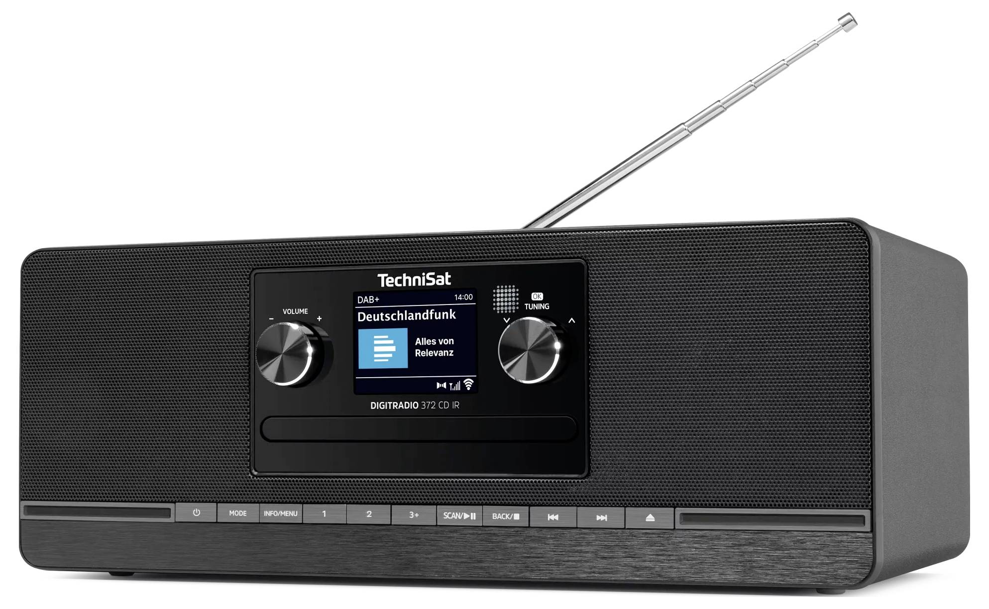 Schwarzes TechniSat Tischradio mit digitalem Display, Antenne und Bedienknöpfen auf weißem Hintergrund.