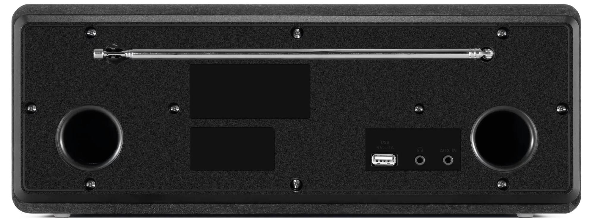 Schwarze rechteckige tragbare Lautsprecher- oder Radiofrontplatte mit zwei runden Lautsprecheranschlüssen, einem USB-Anschluss und zwei Audiobuchsen auf der rechten Seite.