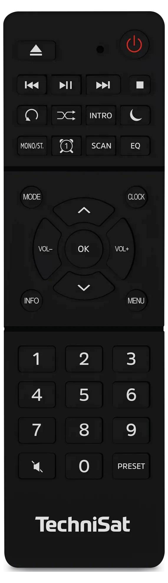 Schwarze TechniSat-Fernbedienung mit Ein-/Ausschalter, Mediatasten, Navigationstasten, Lautstärkeregler, Zahlenblock, Voreinstellungs- und Menütasten.