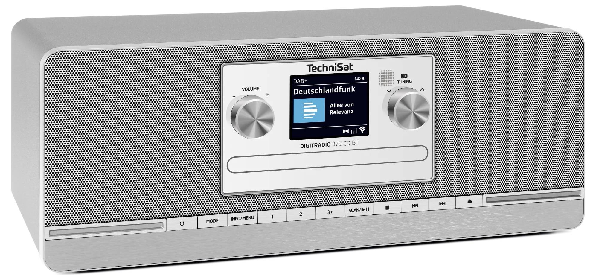 Silbernes TechniSat Tischradio mit digitaler Anzeige vorne, zwei großen Drehknöpfen und Voreinstellungstasten an der Unterseite.