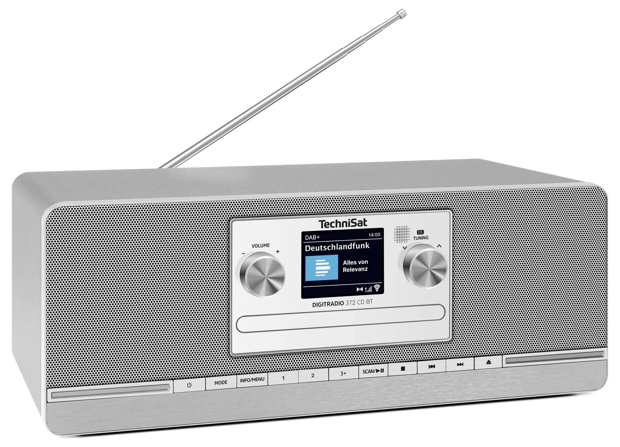 Silberfarbenes digitales Tischradio mit ausziehbarer Antenne und frontalem Display mit Technisat- und Deutschlandfunk-Senderinformationen.