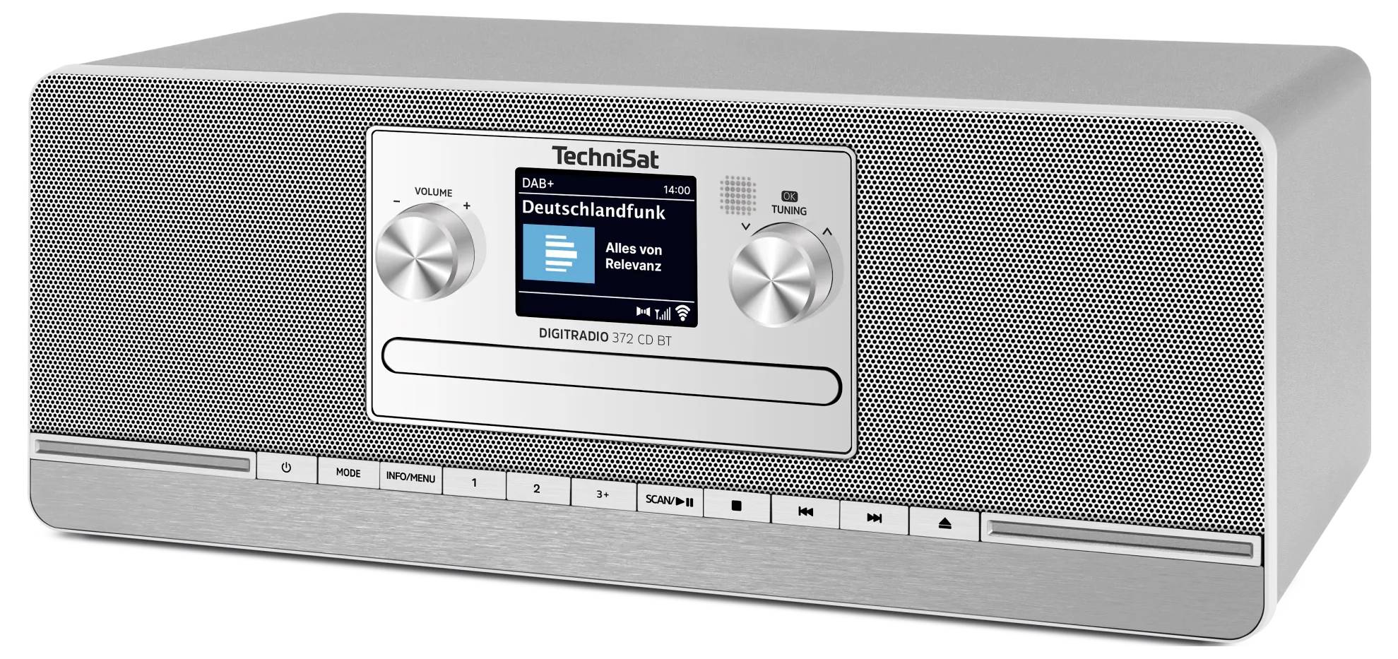 Silbernes TechniSat Digitalradio mit Frontdisplay, auf dem „Deutschlandfunk