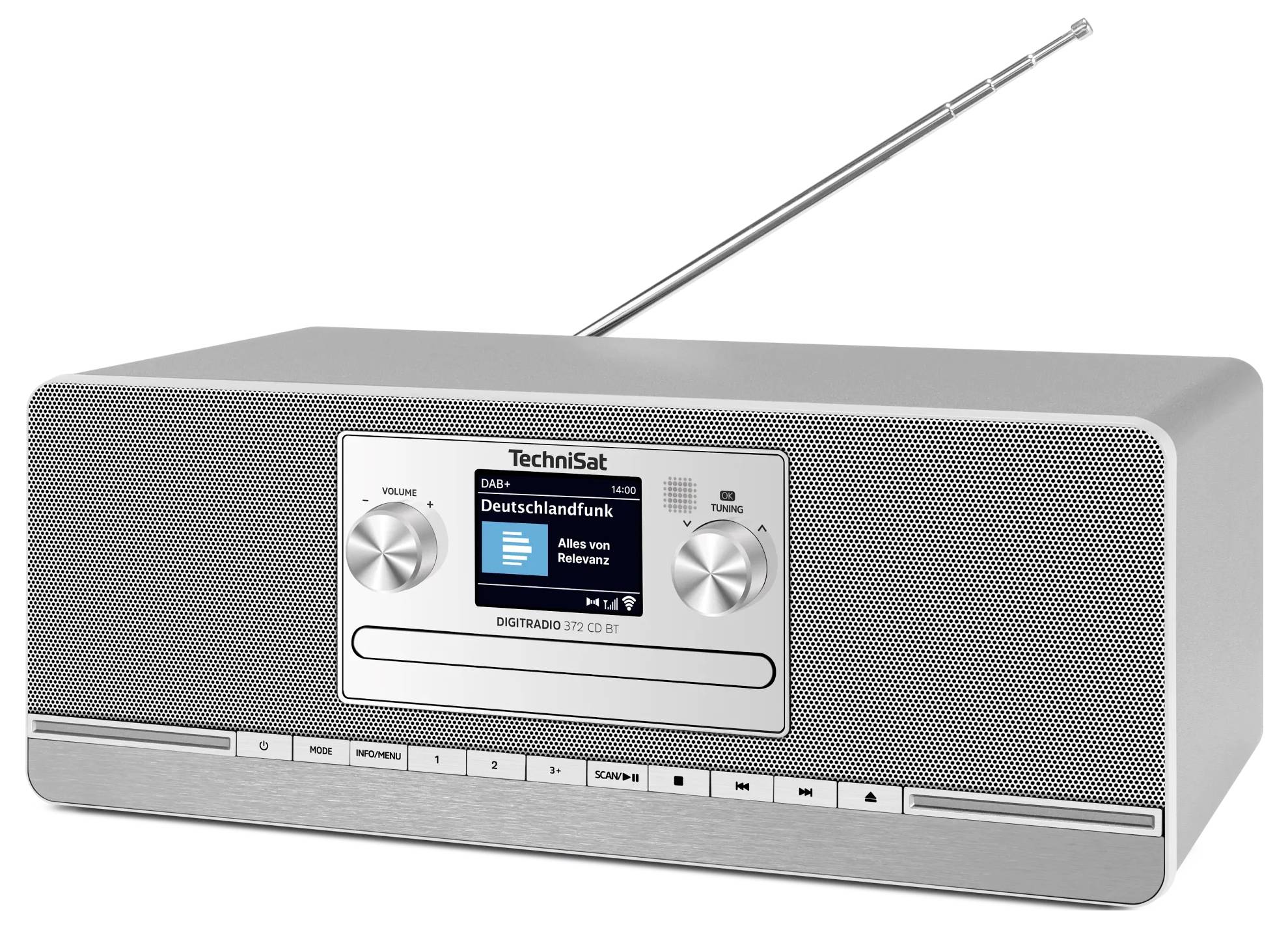 Silbernes TechniSat Tischradio mit verlängerter Antenne, vorderer Lautsprechergitter, LCD-Display und Bedienungsreglern.