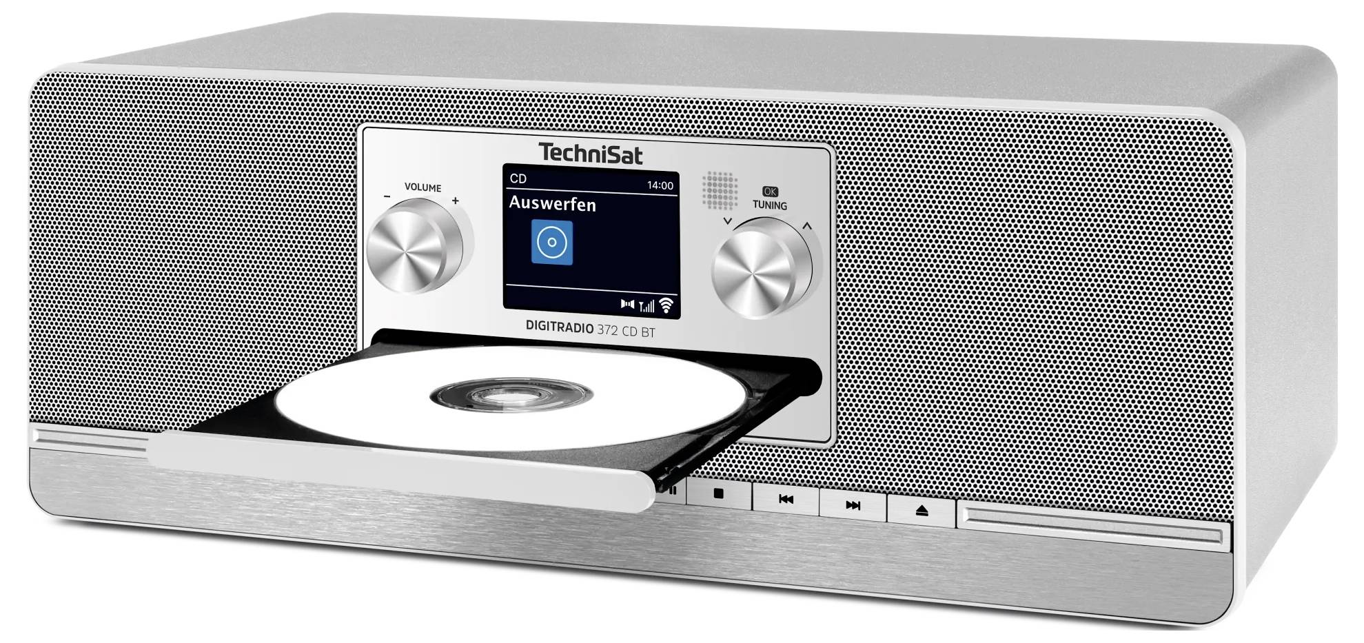 Silbernes TechniSat Tisch-CD-Radio mit einer teilweise aus dem vorderen Schlitz ausgefahrenen Disc und einem kleinen zentralen Display, das Wiedergabesteuerungen anzeigt.
