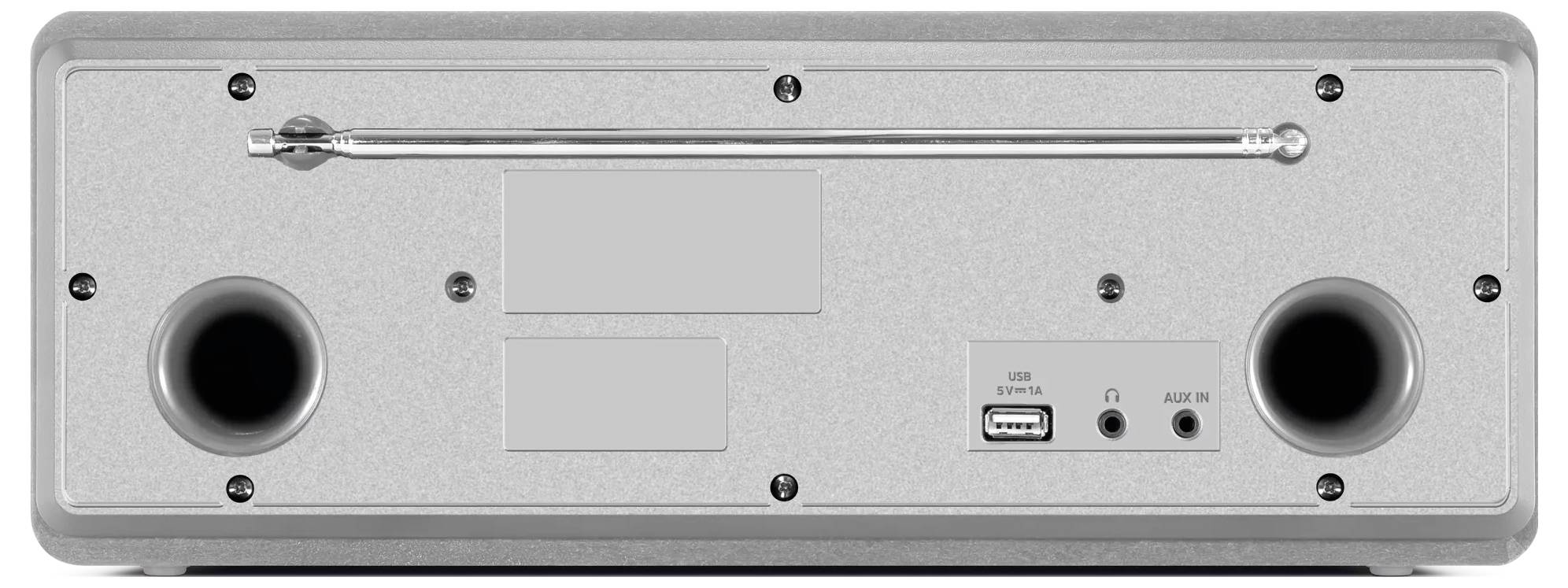 Rückansicht eines kompakten Lautsprechers oder Geräts mit zwei großen runden Bassöffnungen, einer oberen Aufhängestange, zwei leeren Etikett-Bereichen und USB-/AUX-Eingängen.