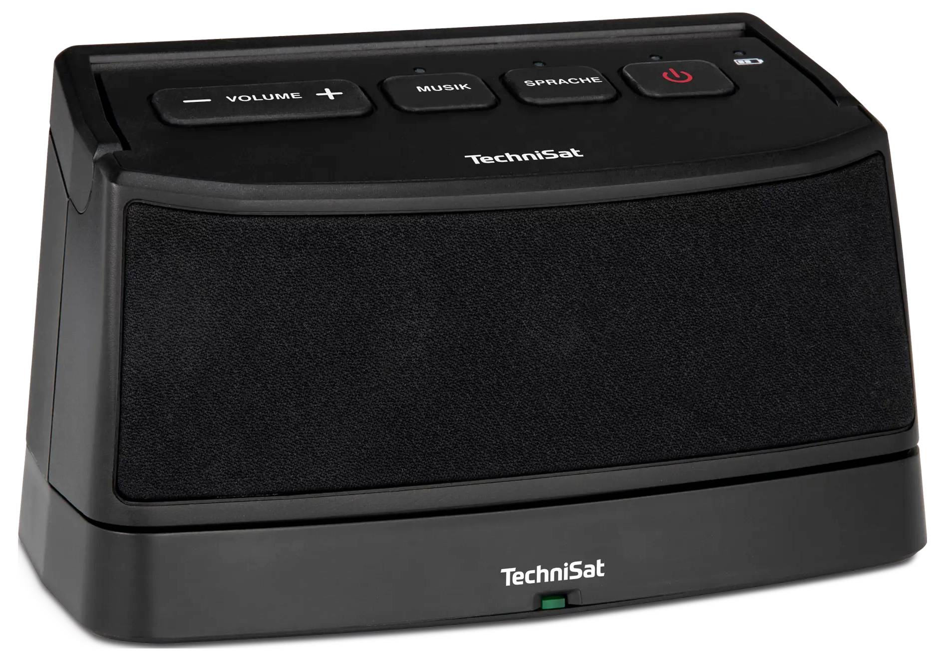 Schwarzer TechniSat Tischradiolautsprecher mit Lautstärke-, Musik-, Sprach- und Stromschaltern oben.