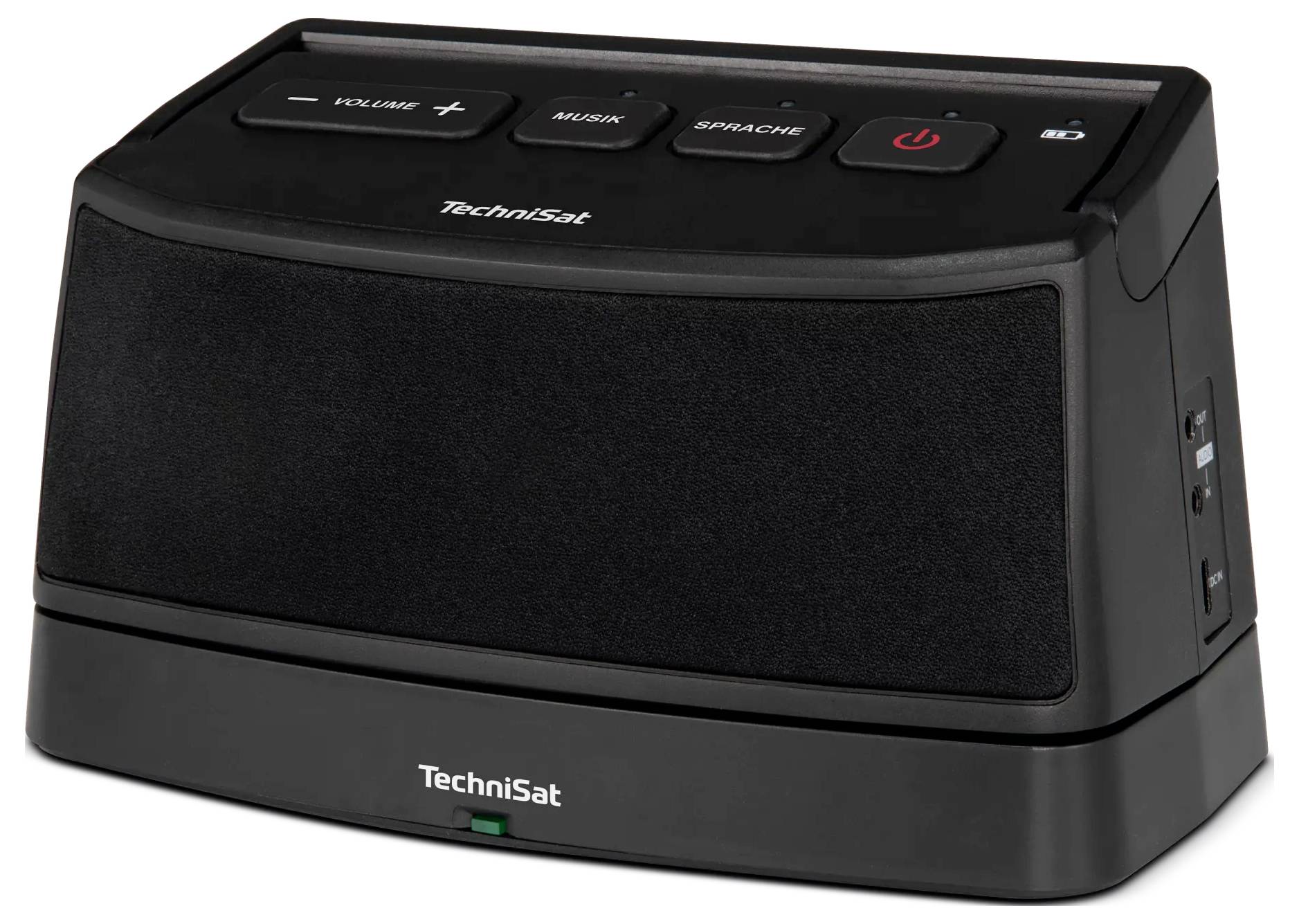 Schwarzer TechniSat Tischplatzenlautsprecher-Radio mit oberen Tasten für Lautstärke, Wecker, Sprache und Stromversorgung.