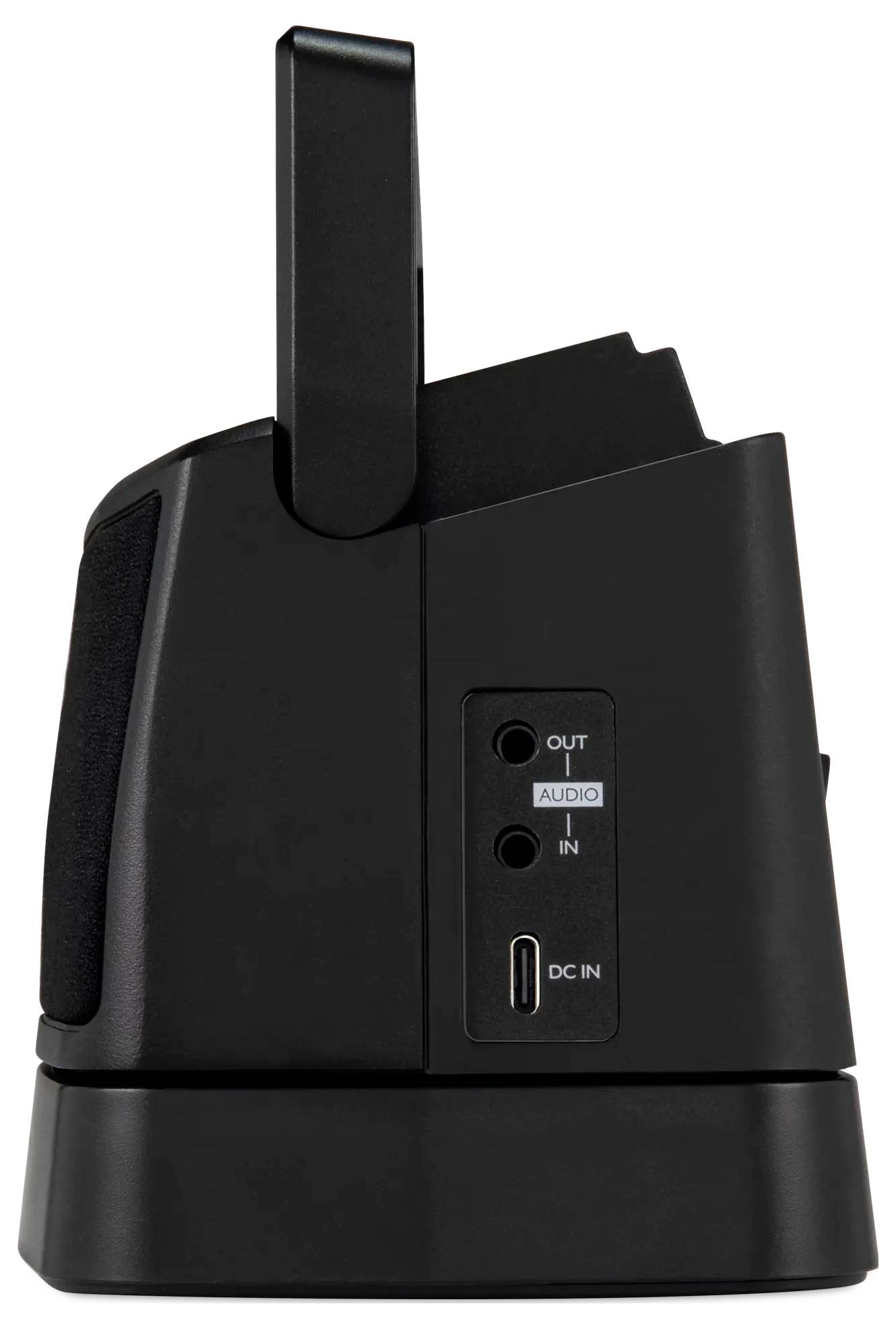 Schwarze kabellose Ladestation mit vertikalem Telefonständer, Audio-Ein-/Ausgängen und DC-Stromeingang auf der Frontplatte.