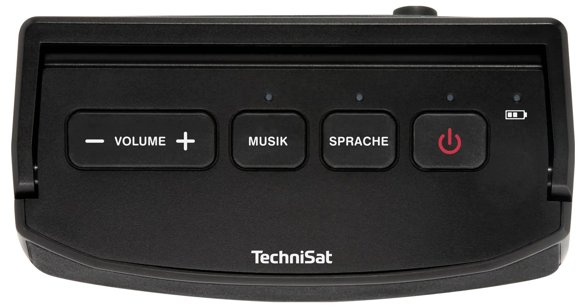 Vorderansicht eines Technisat-Geräte-Bedienfeldes mit Lautstärke-, Musik-, Sprach- und Stromschaltern sowie Akkuanzeigeleuchten.
