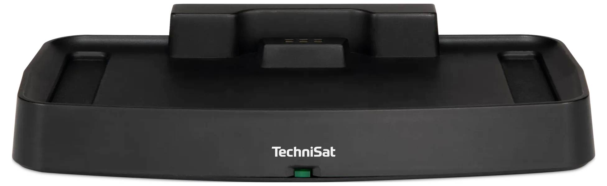 Schwarze TechniSat-Dockingstation oder Ladestation mit erhöhter Anschlussplattform und weißem TechniSat-Logo auf der Vorderseite.
